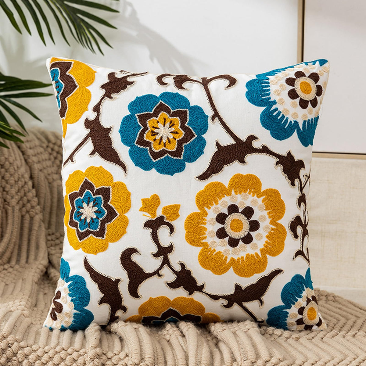 Embroidered Floral Throw Pillow Cover