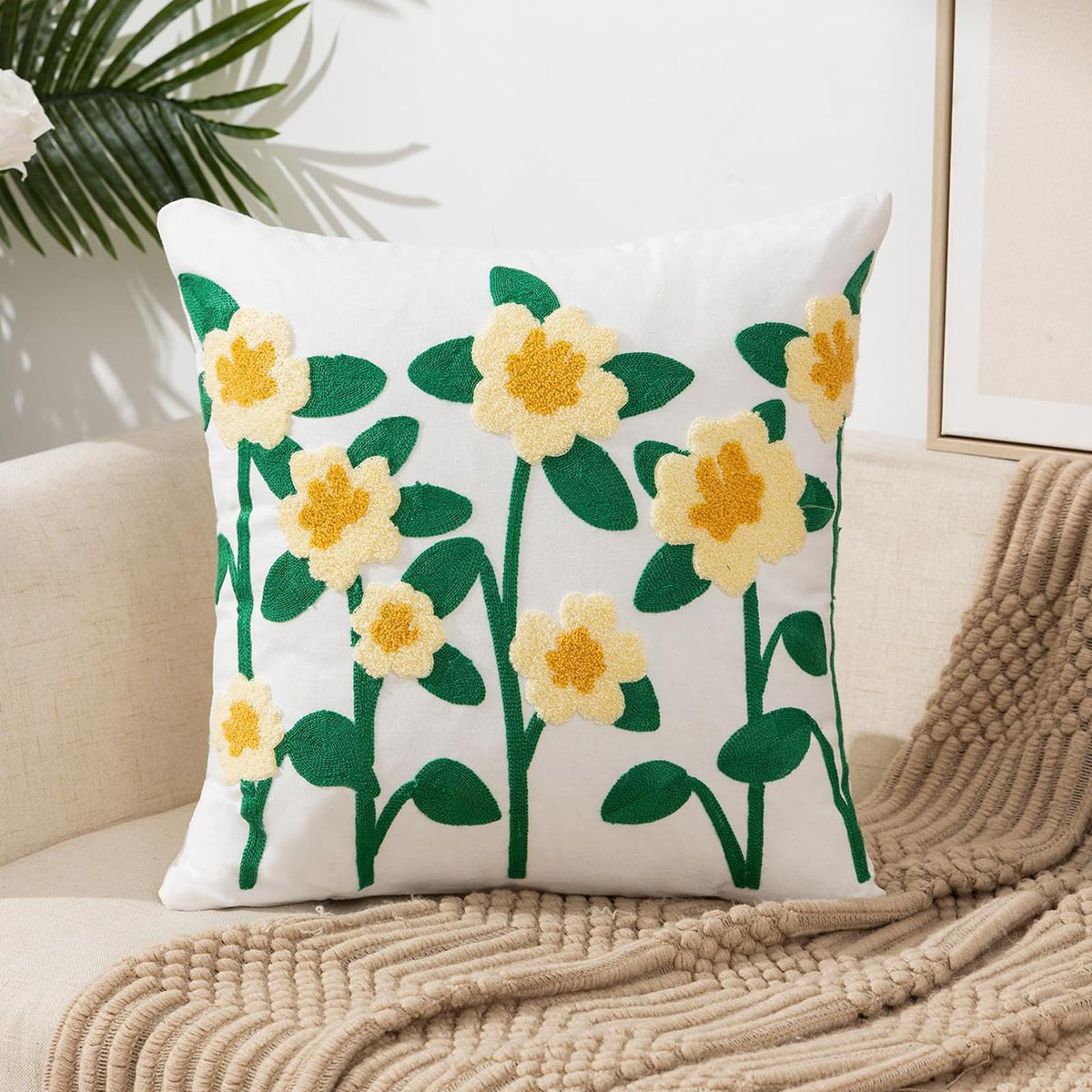 Embroidered Floral Throw Pillow Cover